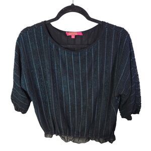 Catherine Womens Sz XS Black Blue Striped Short Sleeve Crop Blouse